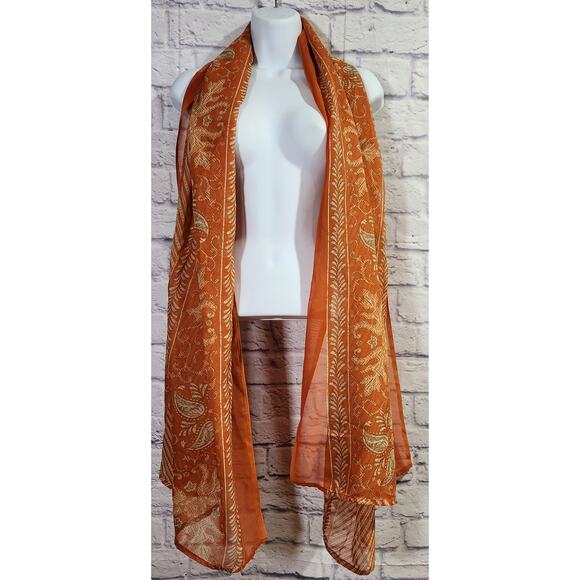 Orange White Floral Print Long Scarf Lightweight Soft Flowy Sheer - Picture 1 of 2